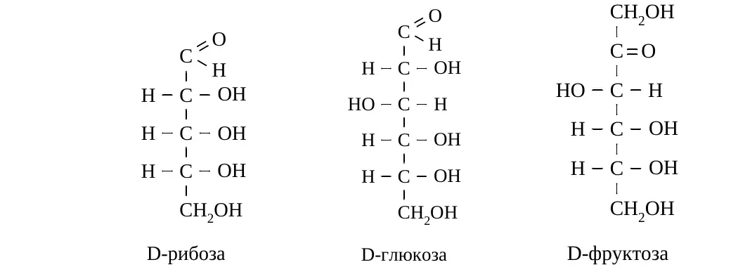 Структурные формулы рибозы, глюкозы и фруктозы